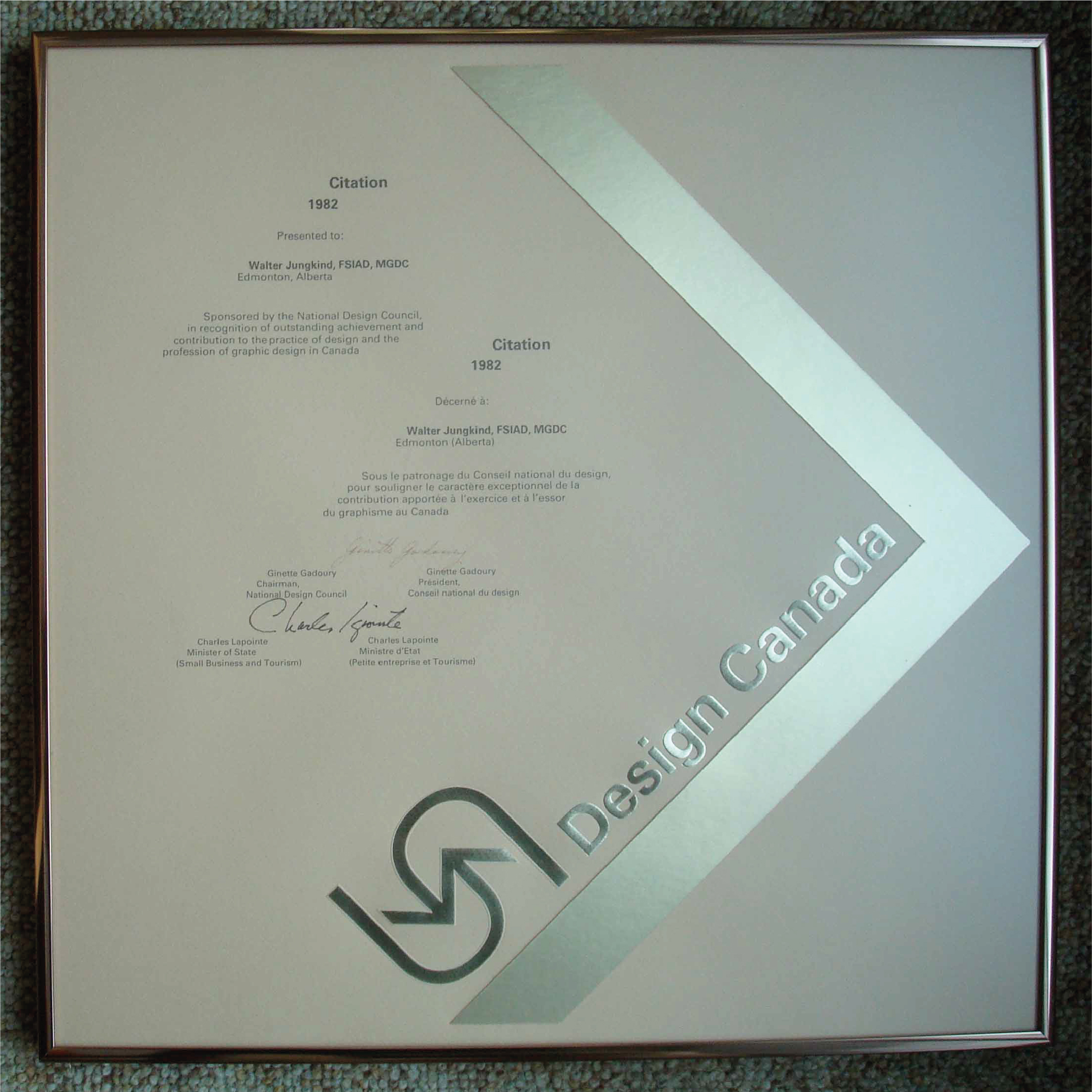 Citation from Design Canada to Walter Jungkind dated 1982.