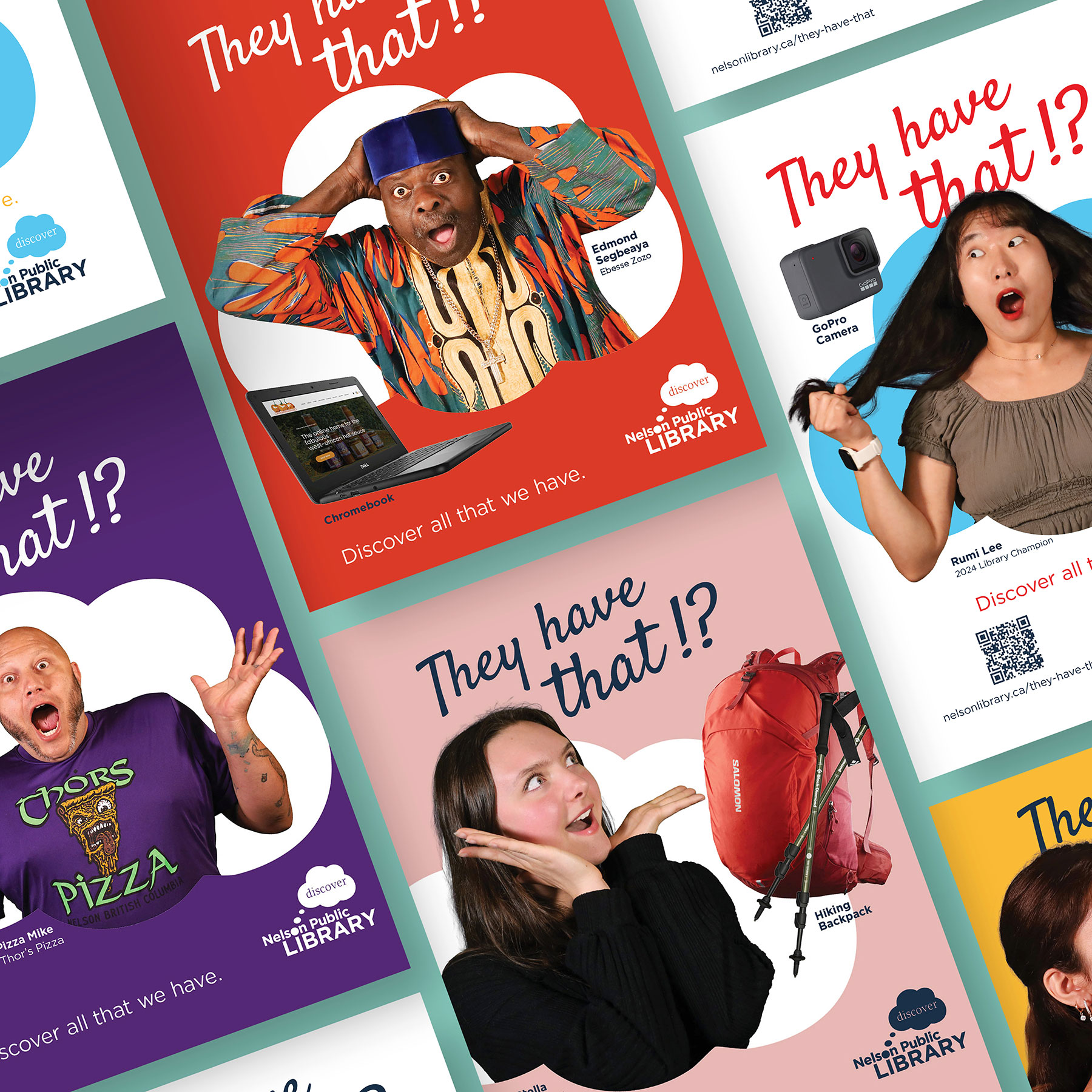 Several posters for the Nelson Public Library's "They have that!?" campaign
