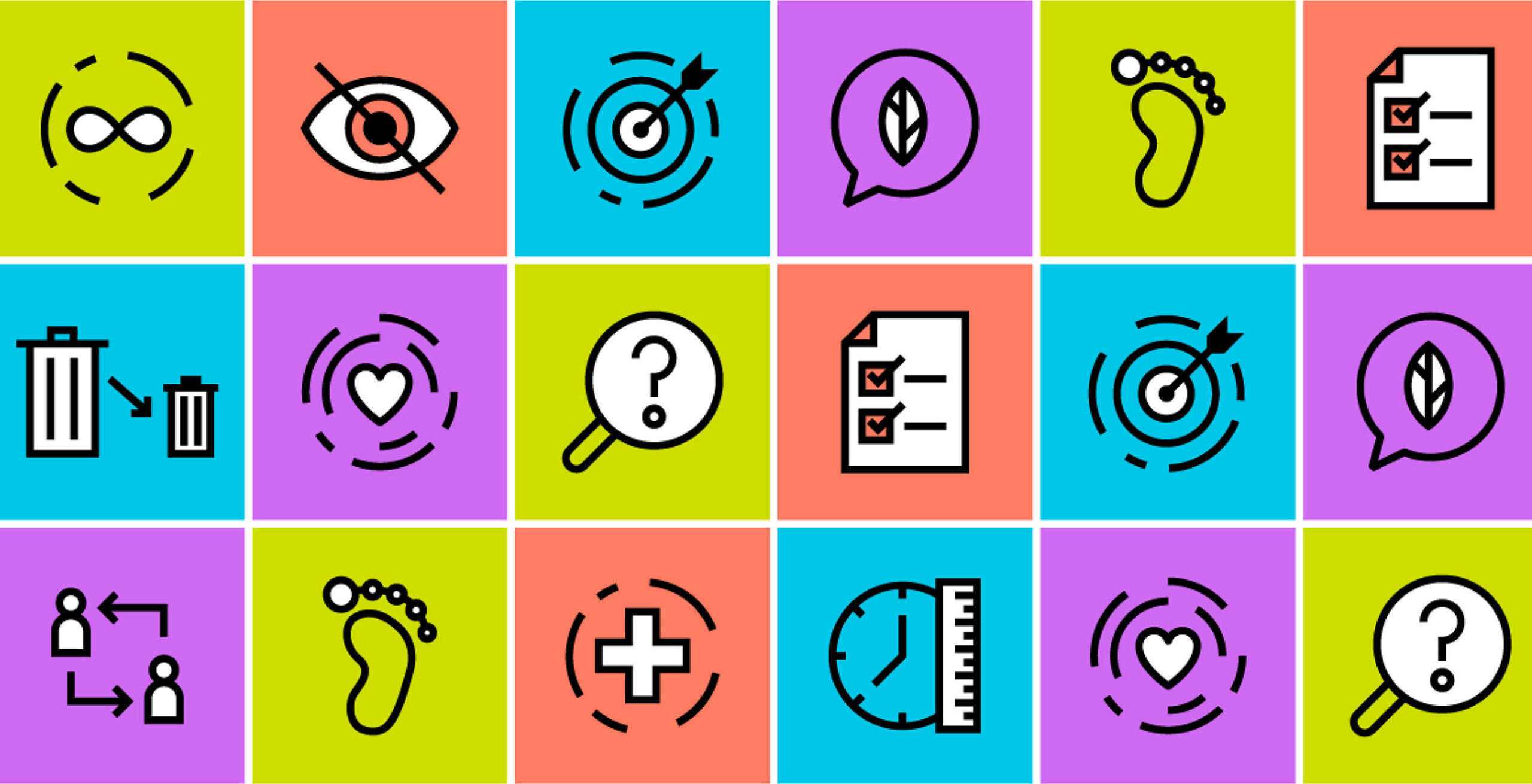 Eighteen sustainability design icons with blue, purple green and coral backgrounds