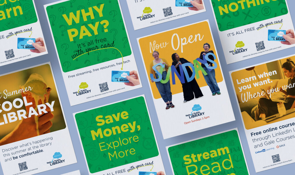 Several posters for the Nelson Public Library's campaign